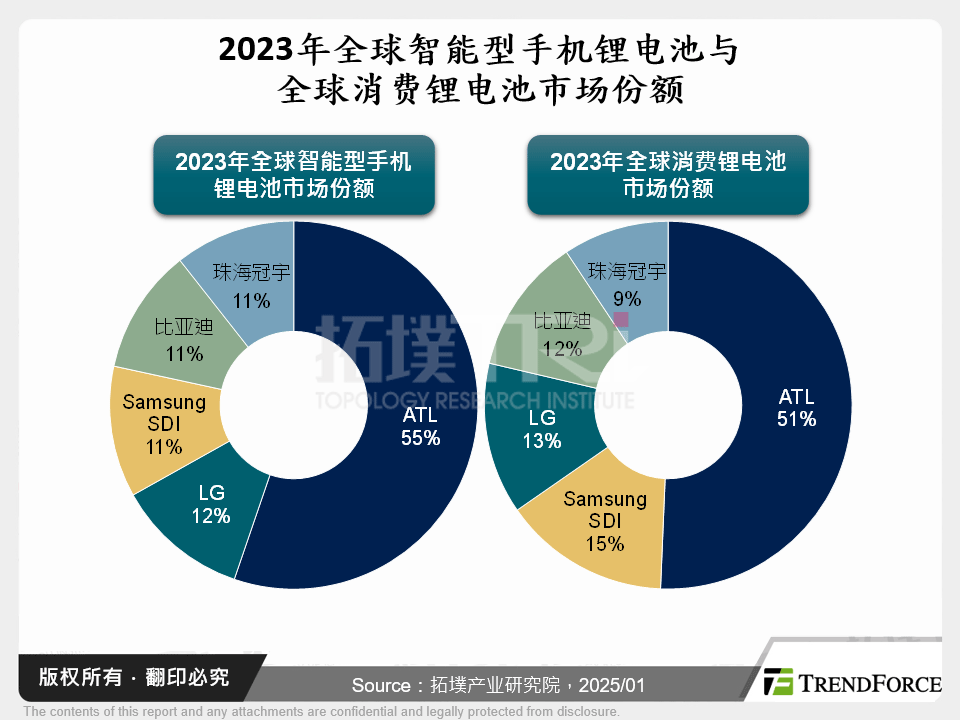 2023年全球智慧型手机锂电池与全球消费锂电池市场份额