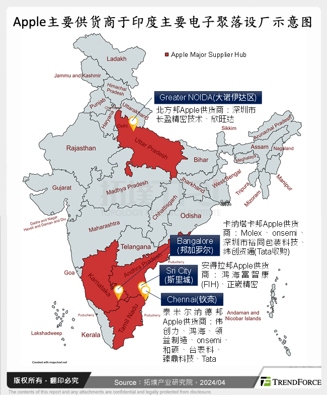 Apple主要供应商于印度主要电子聚落设厂示意图